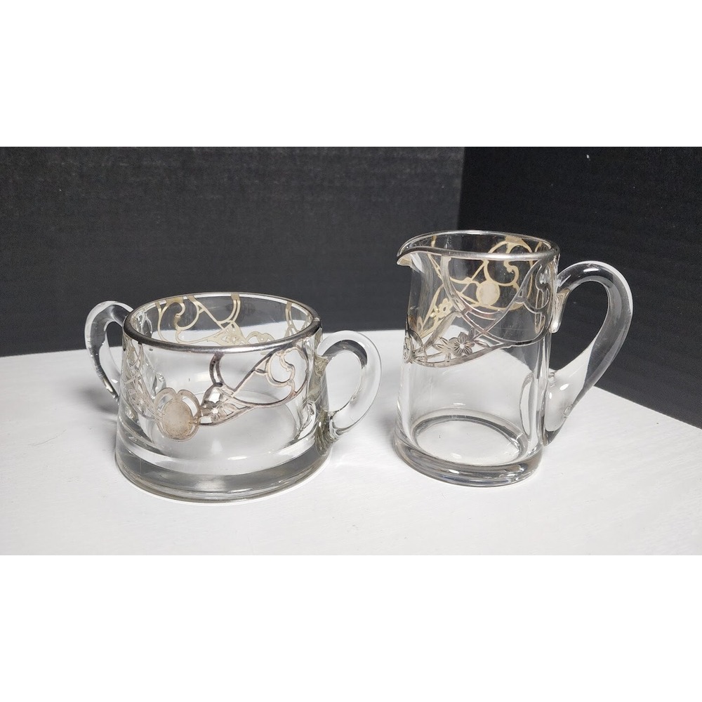Vintage Clear Glass Cream and Open Sugar Set w/Silver Overlay 1930's Art Nouveau